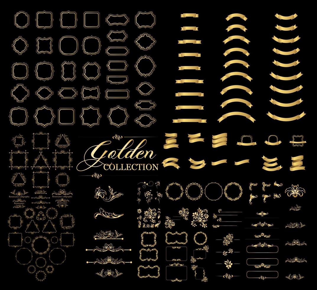 Borders and frames golden collection, gold elegant decorative dashed vignette sign vector