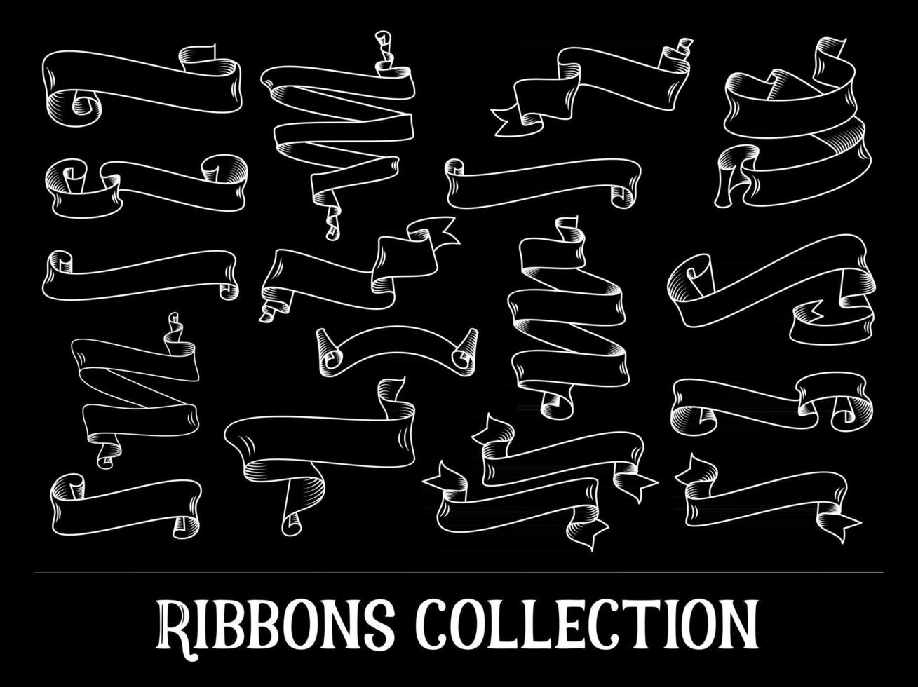 White ribbons set on the black, hand drawn vector scroll ribbon in outline or contour drawing. Isolated vector illustration