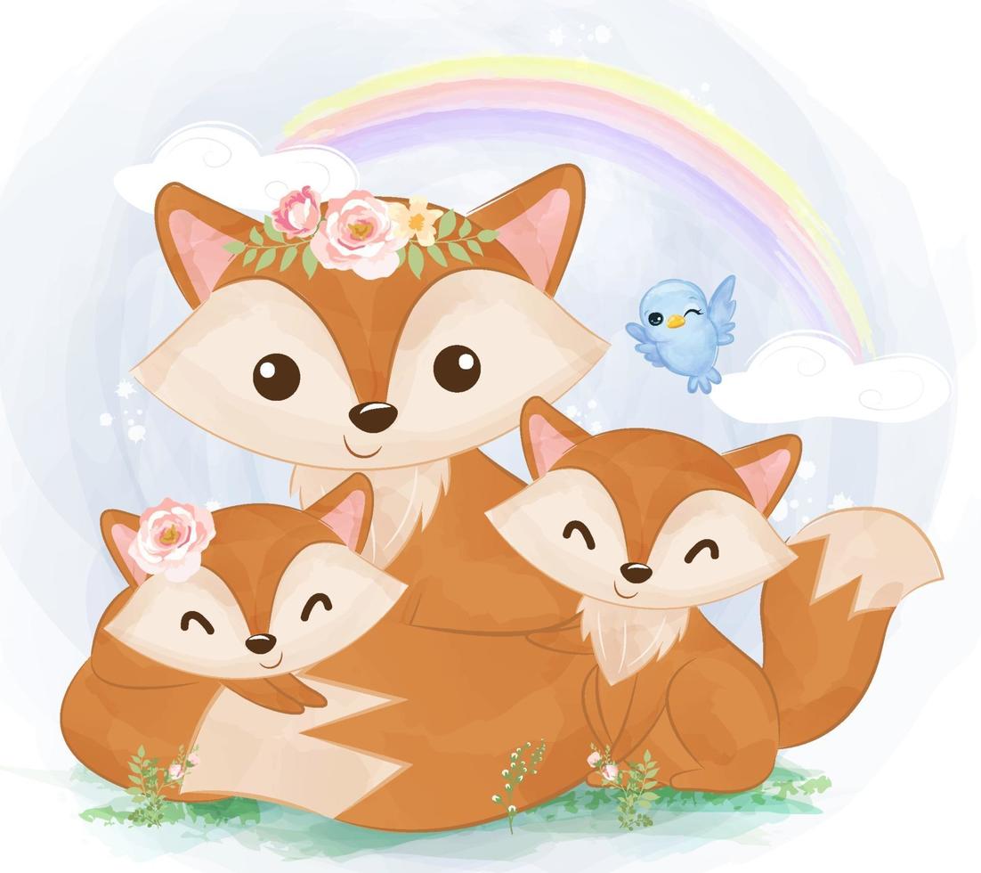 Cute mom and baby foxes in watercolor illustration vector