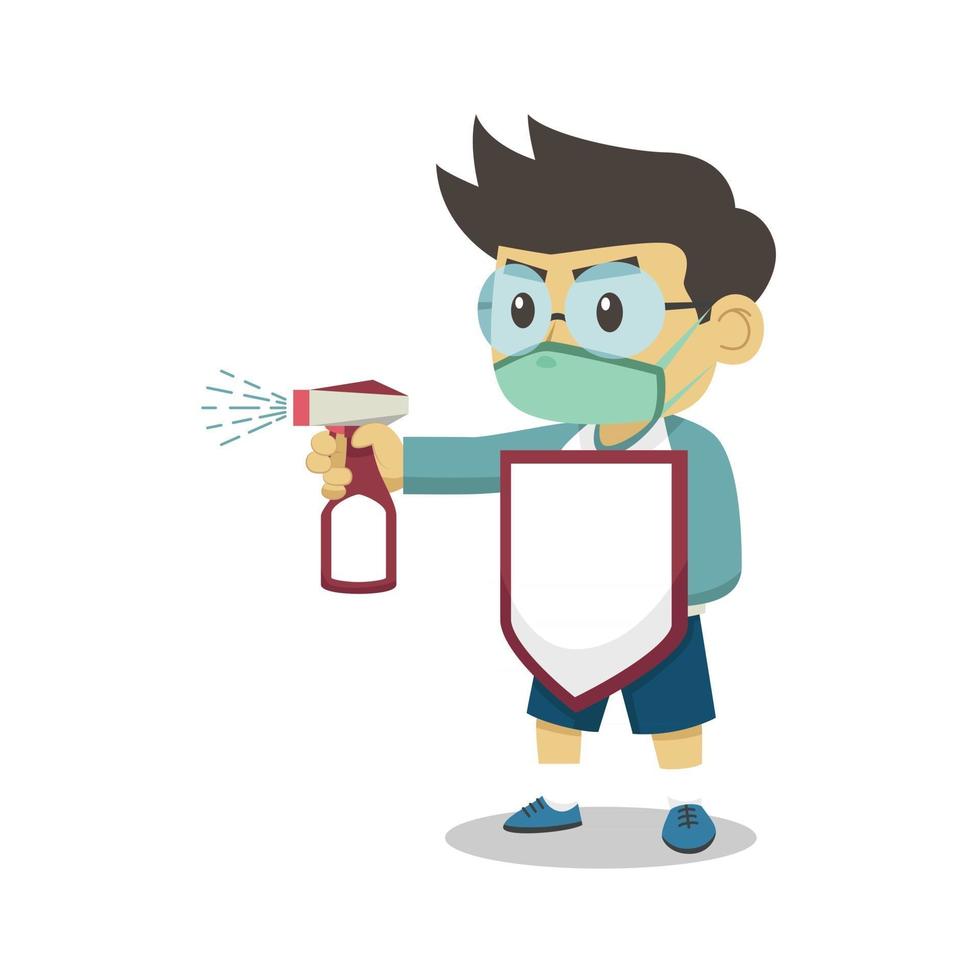 Boy Character Wearing a Shield and Face Mask is Spraying a Hand Sanitizer. Children's Book Illustration. Vector Illustration.