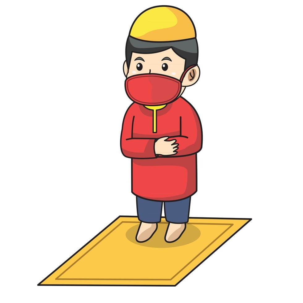 niño musulmán usa vestido rojo musulmán tradicional. tarawih rezando en el mes de Ramadán, usando una máscara y un protocolo saludable.Ilustración de personaje. vector