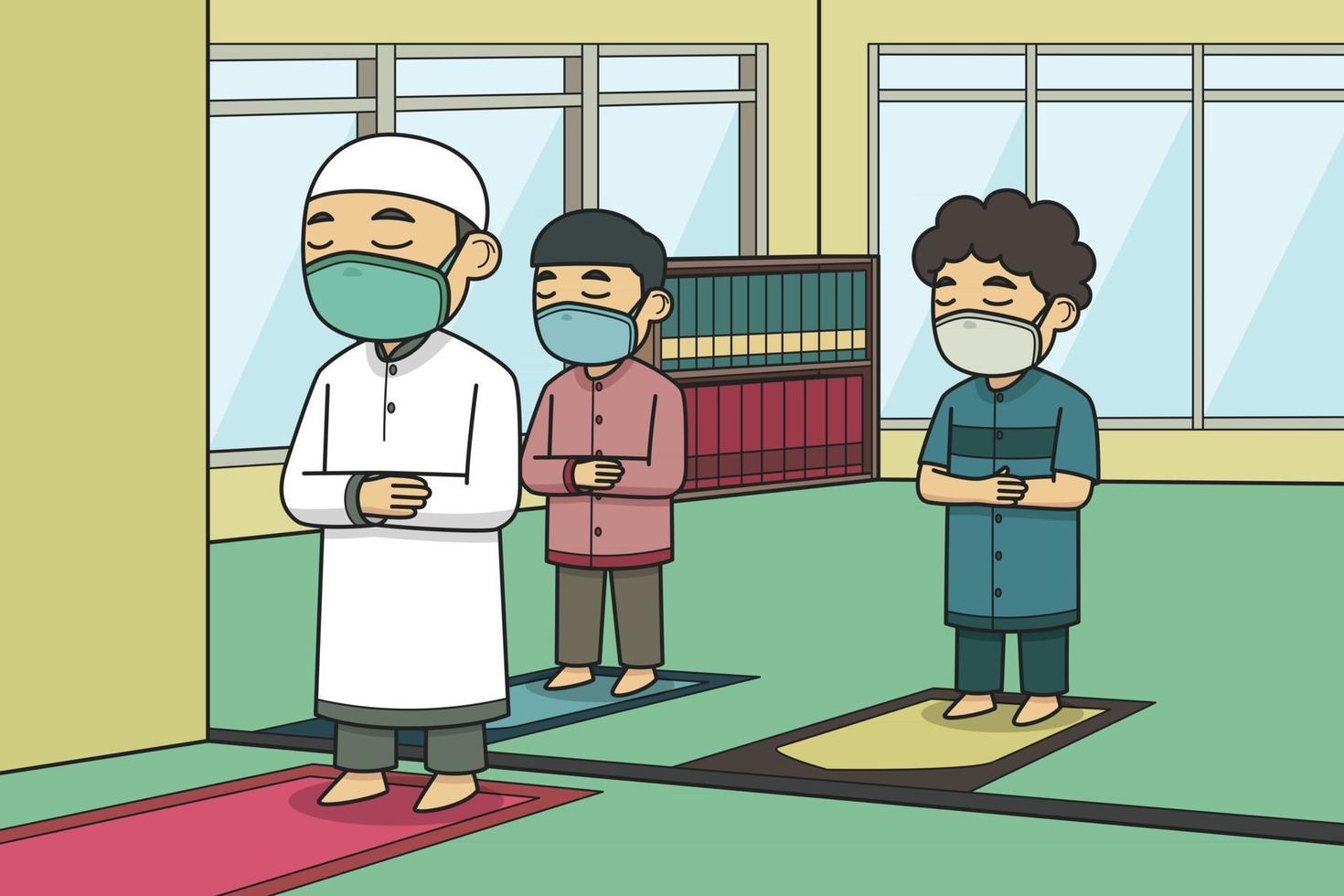 The Imam And Two Makmum Are Praying In The Mosque Wearing Face Mask Implemented Social Distancing. Vector Illustration. Children Book.