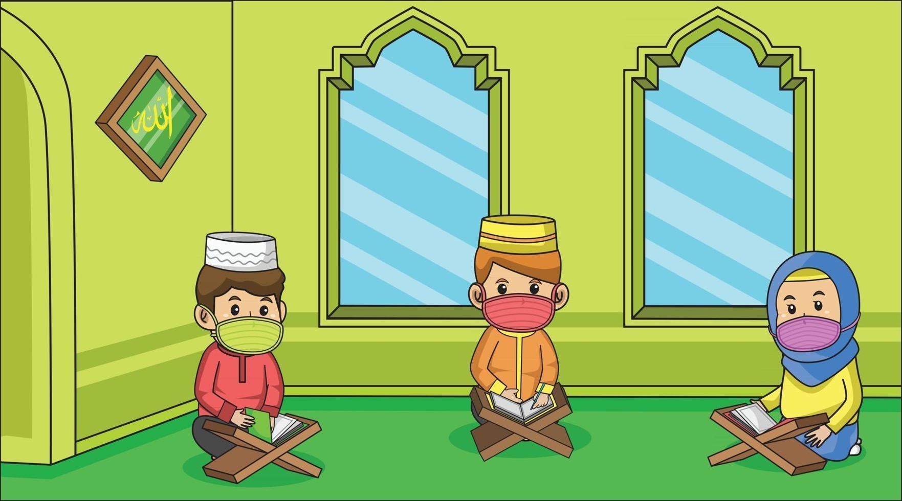 During the corona virus pandemic, muslim inside mosque, in ramadan month. children reading holy book muslim, using masks and health protocols. children book illustration. vector