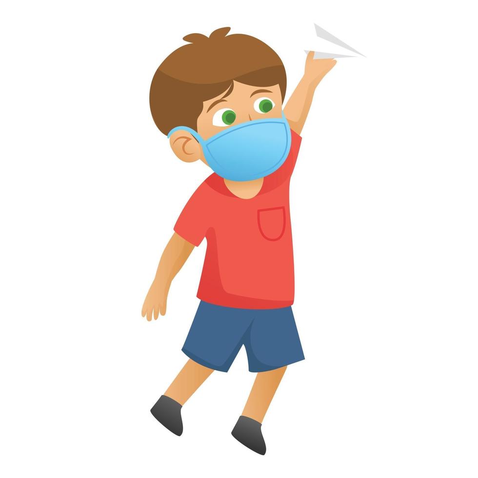 Children illustration,boy using red dress play and throwing paper plane in the class.Using mask and healthy protocol.Character Illustration. vector