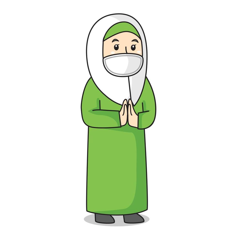 La mujer musulmana o la madre usan un vestido verde y un hijab blanco musulmán tradicional. saludo perdón en el mes de Ramadán, usando máscara y protocolo saludable.Ilustración de personaje. vector