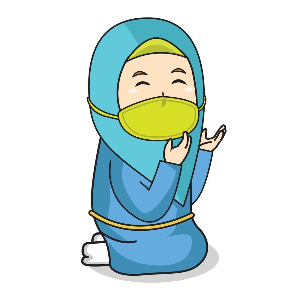 La niña musulmana usa un vestido azul y un hijab azul musulmán tradicional. rezando en el mes de Ramadán, usando una máscara y un protocolo saludable.Ilustración de personaje. vector