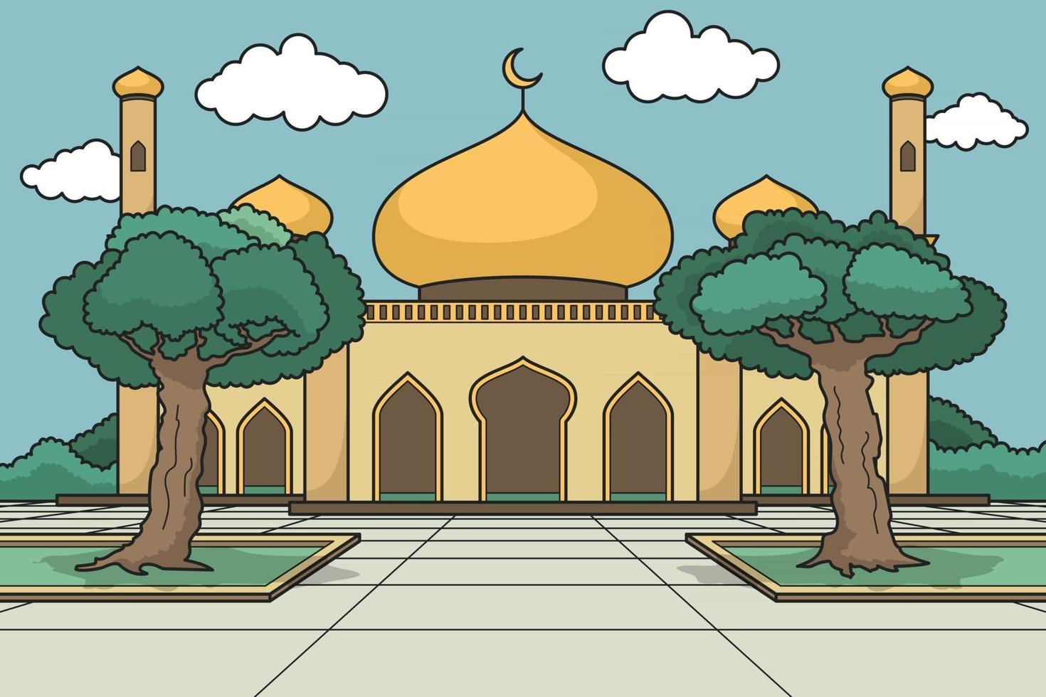 Gold Dome Mosque With a Large Yard. Vector. Children Book. vector
