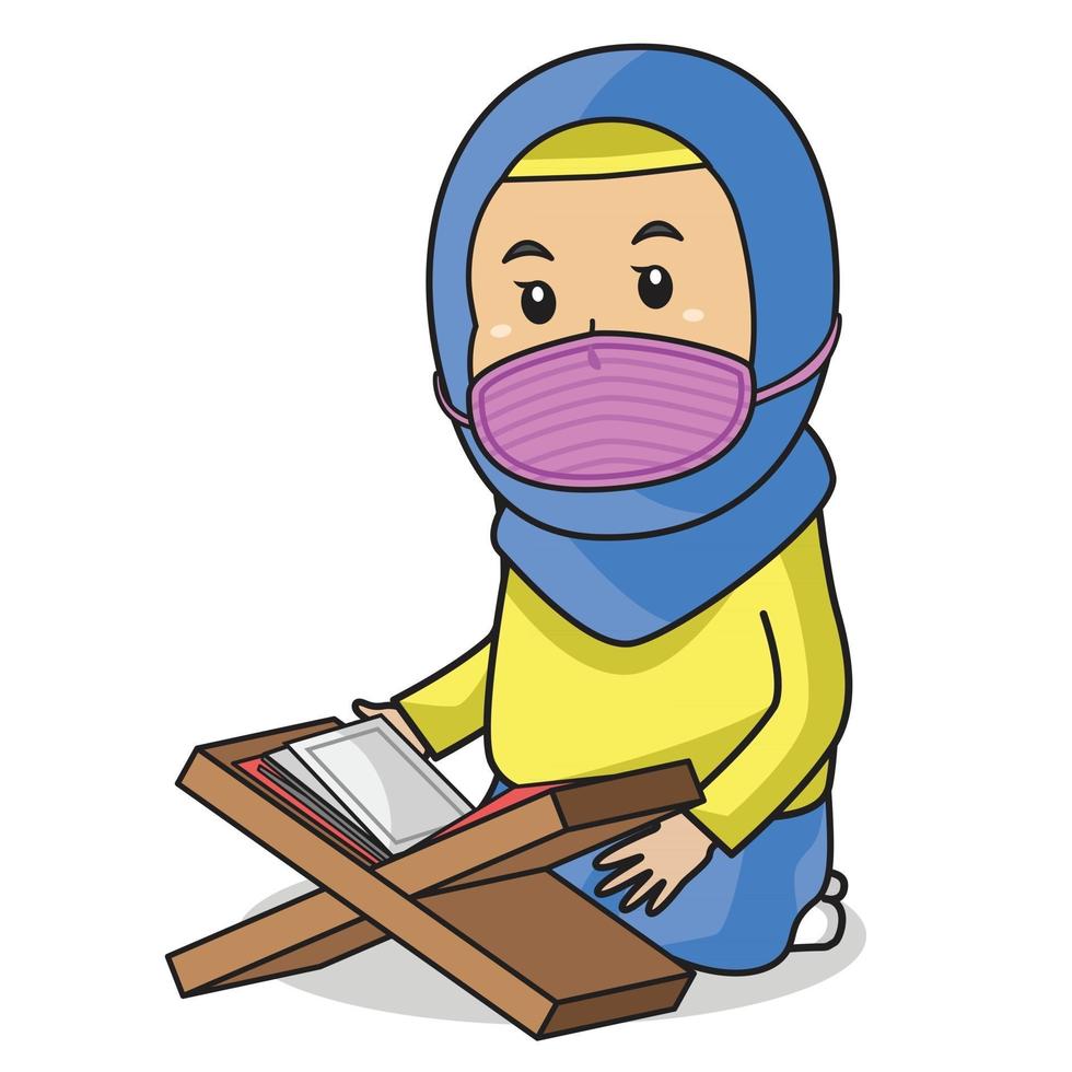 La niña musulmana usa un vestido amarillo y un hijab azul musulmán tradicional. leyendo el libro de acebo de al-quran en el mes de ramadán, usando máscara y un protocolo saludable. vector