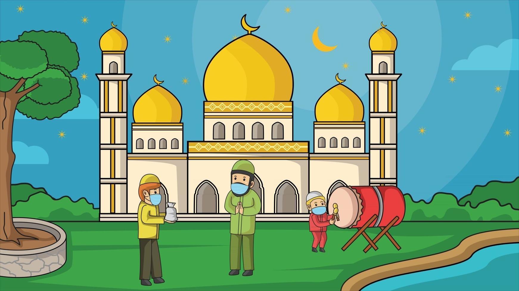 During the corona pandemic, muslim in mosque courtyard starry night at ramadan month. Muslim activity and pray. donation zakat, using masks and health protocols. Book illustration. vector