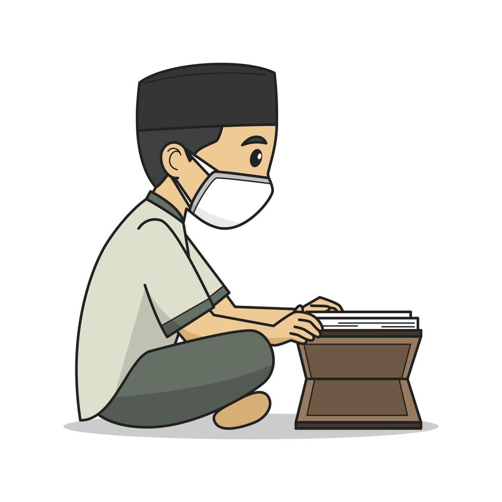 Ustaz Character Read the Koran, Wearing Muslim Caps, Clothes and Face Mask. Vector. Children Book. vector