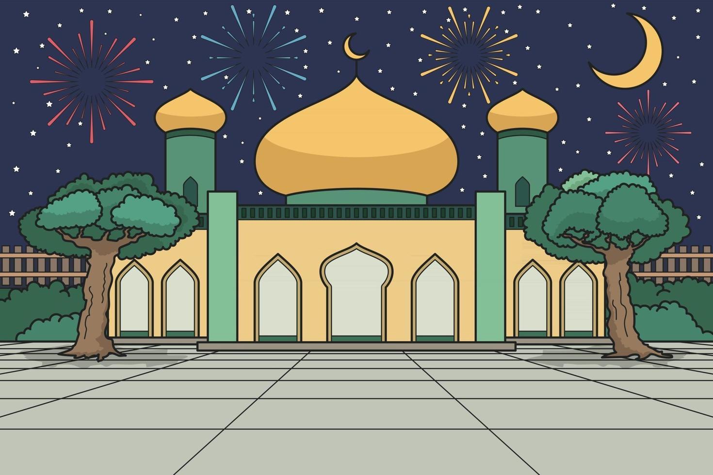 Mosque Courtyard With Moonlight And Fireworks on Background. Vector Illustration. Children Book Illustration.