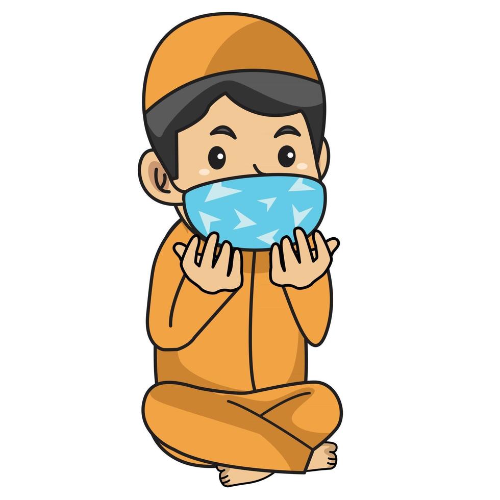niño musulmán usa camisa naranja, rezando en iftar. noche de Ramadán, usando máscara y protocolo saludable.Ilustración de personaje. vector