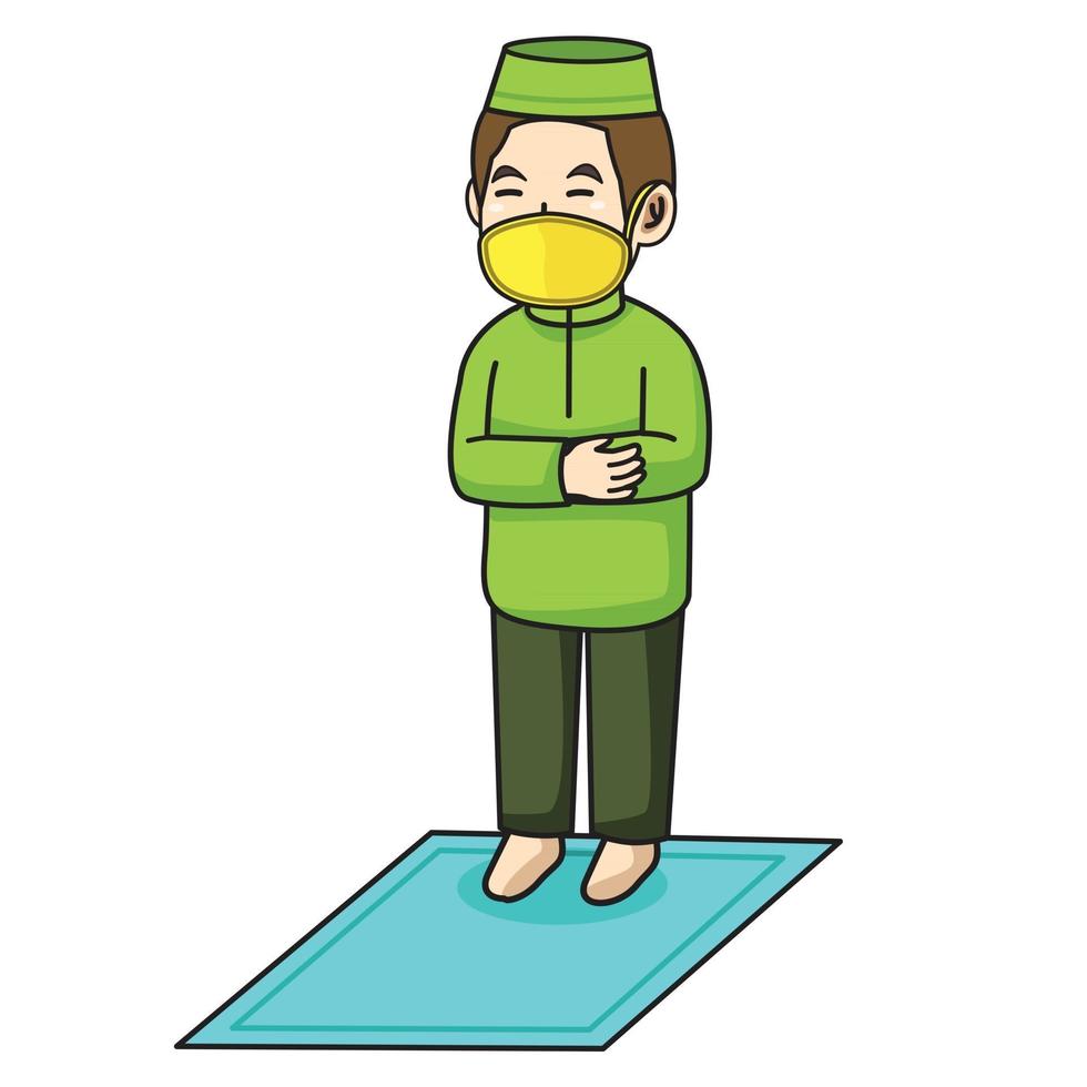 Muslim man use green dress traditional muslim. tarawih praying in ramadan month, using mask and healthy protocol.Character illustration. vector