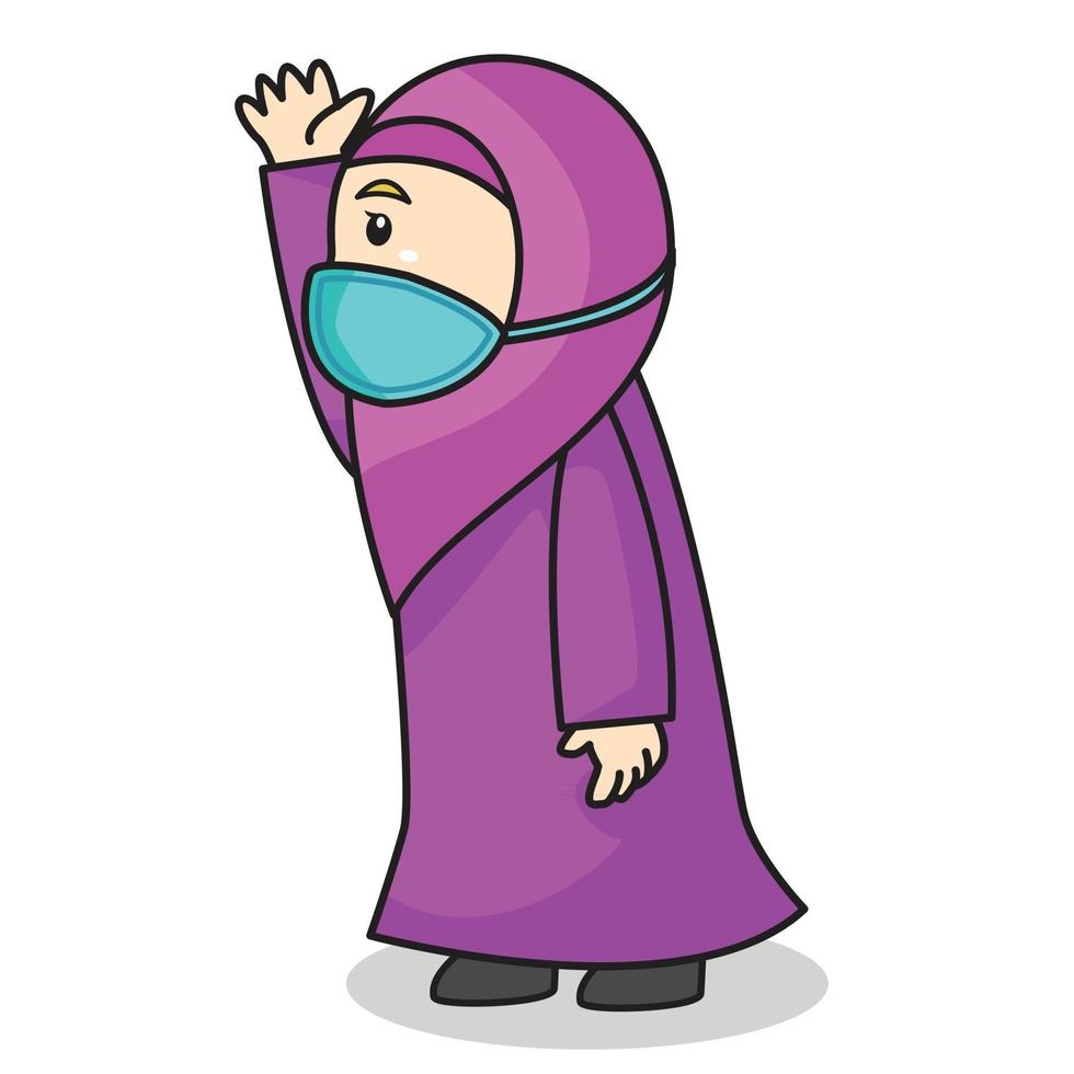 La niña musulmana usa un vestido rosa y un hijab musulmán tradicional. happyfull en eid mubarak o eid al fitr, usando máscara y protocolo saludable.Ilustración de personaje. vector