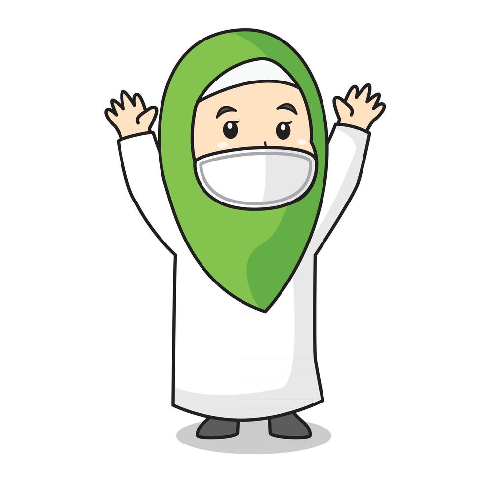 La niña musulmana usa un vestido blanco y un hijab verde musulmán tradicional. alegre en el mes de Ramadán, usando máscara y protocolo saludable.Ilustración de personaje. vector