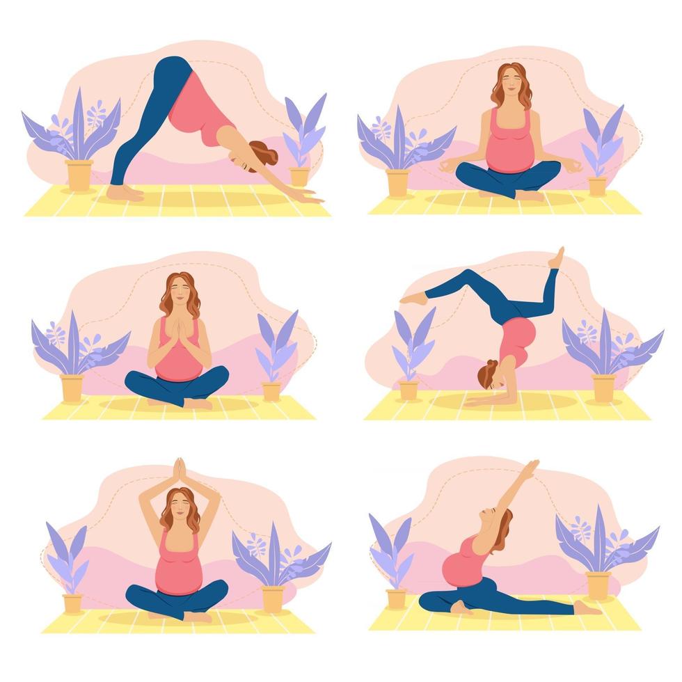 Prenatal,  pregnancy yoga workouts set. Working out and fitness, pregnancy concept. Vector illustration.