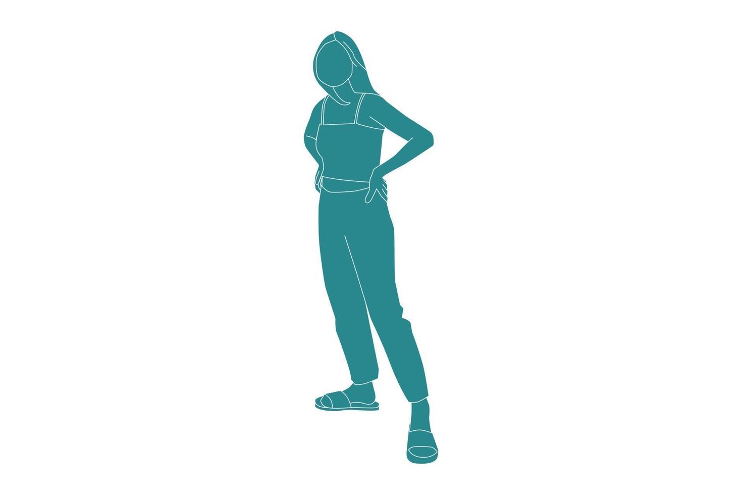 ilustración vectorial de mujer posando con ropa casual, estilo plano con contorno vector