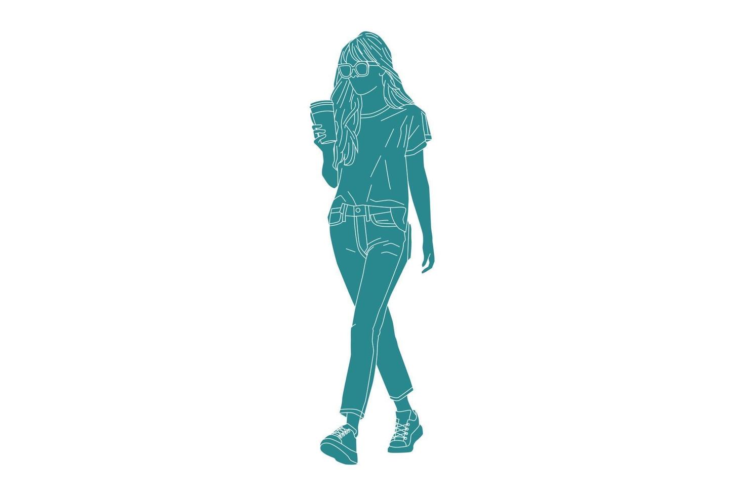 Vector illustration of casual woman walking on the sideroad with her coffee, Flat style with outline