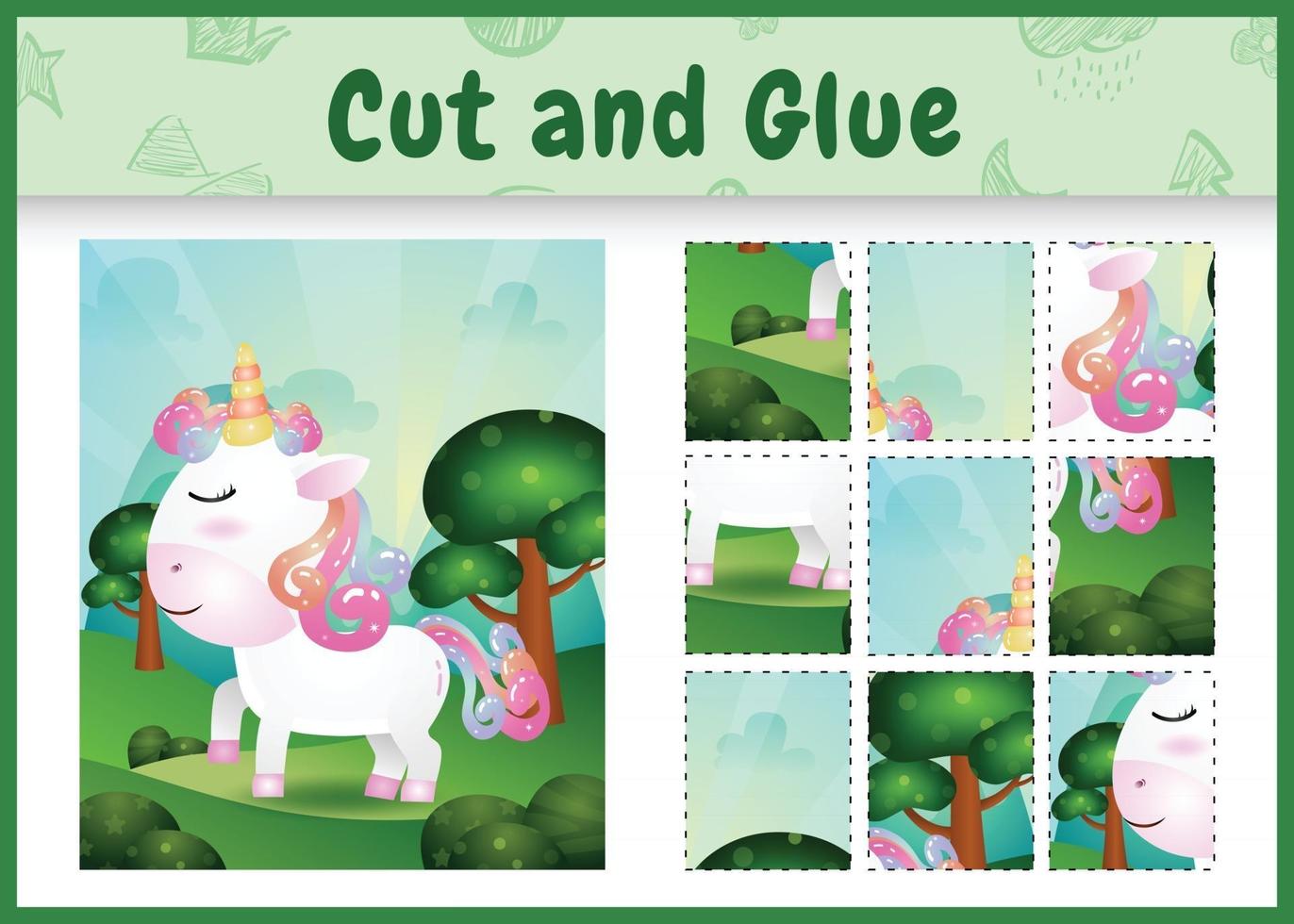 Children board game cut and glue with a cute unicorn vector