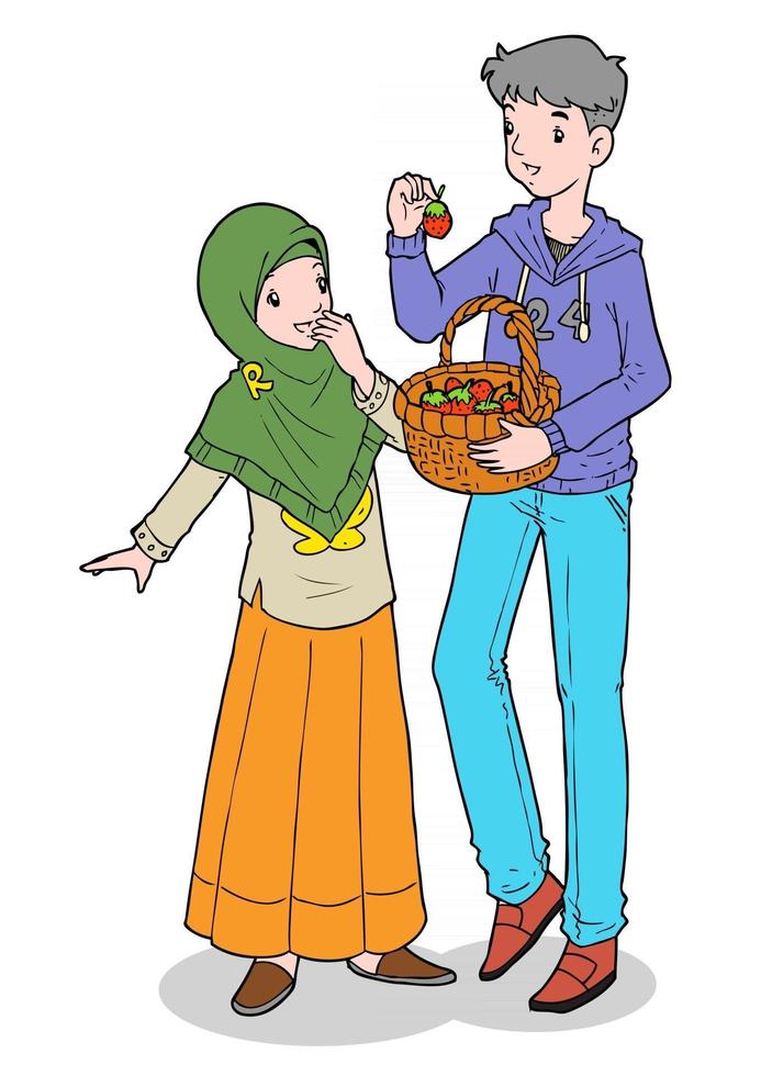 Asian muslim brother sharing fruits to his sister vector