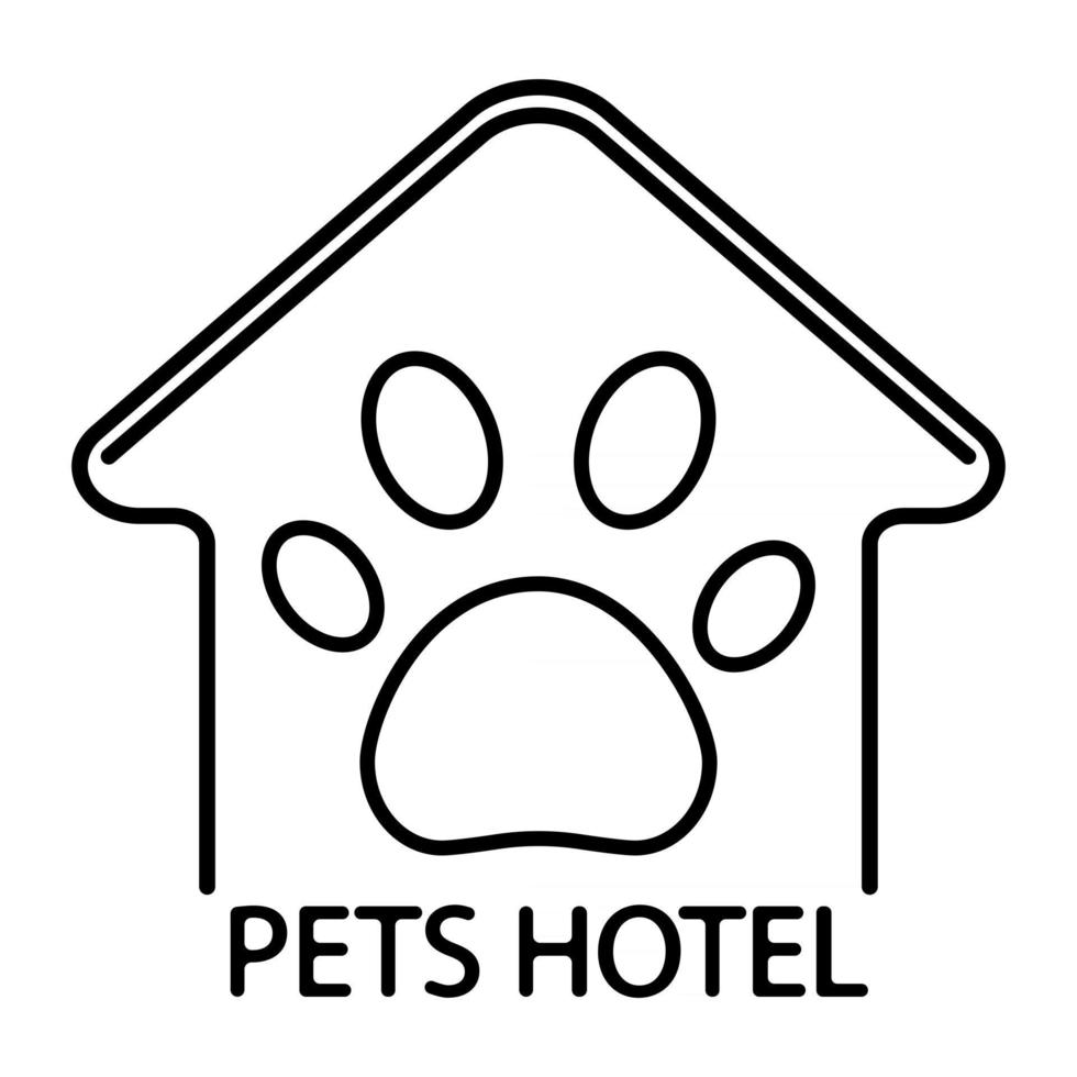 hotel para mascotas, plantilla de diseño de logotipo. logotipo del hotel de mascotas en estilo de contorno. Símbolo de casa de perro o gato con icono de pata interior, aislado sobre fondo blanco. vector