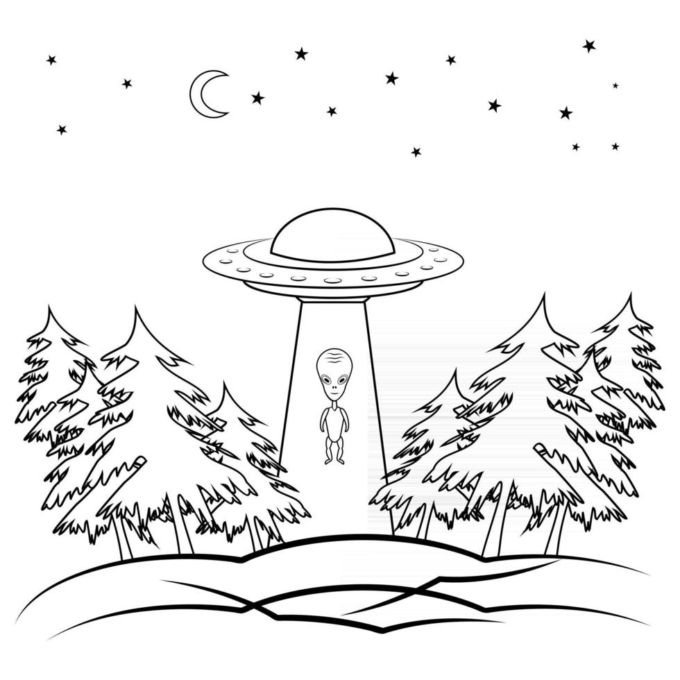 UFO. Outline flying spaceship with alien. UFO in night sky inside black forest in outline style. Flying saucer. Alien space ship, isolated on white background vector