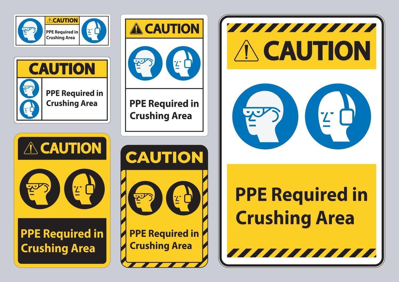 Señal de precaución ppe requerido en el área de trituración aislar sobre fondo blanco. vector