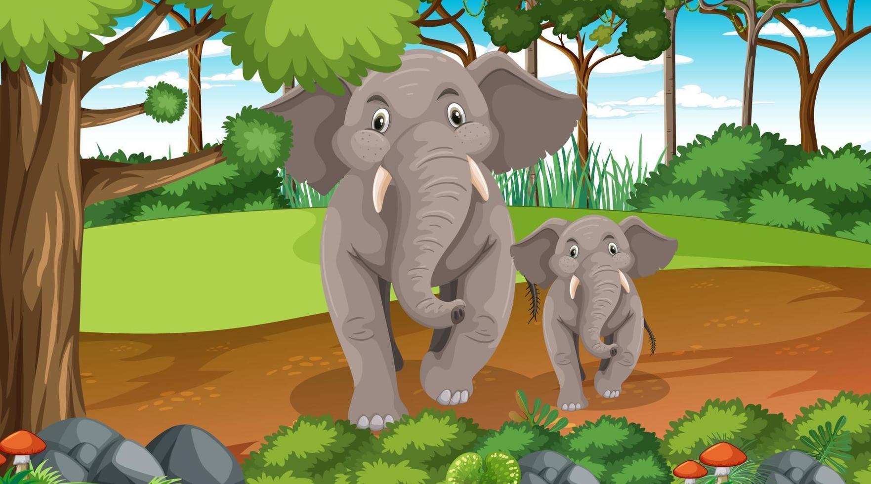 Mamá elefante y bebé en el bosque o la escena de la selva tropical con muchos árboles vector