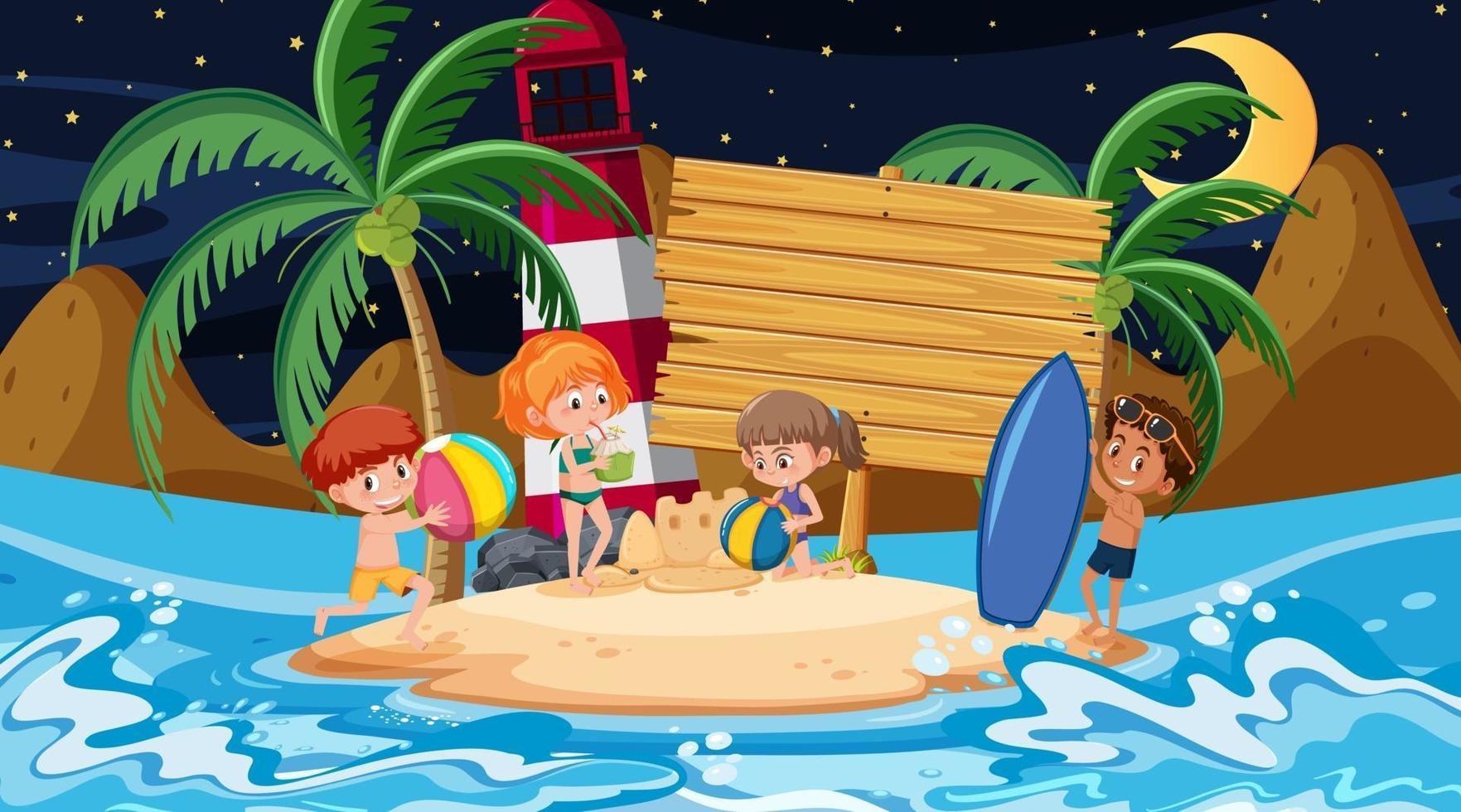 Kids on vacation at the beach night scene with an empty wooden banner template vector