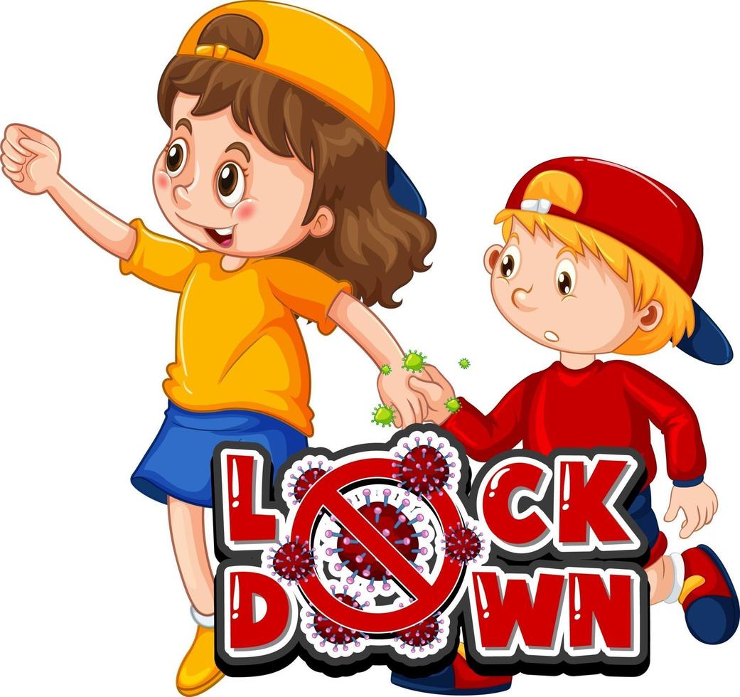 Two kids cartoon character do not keep social distance with Lockdown font isolated on white background vector