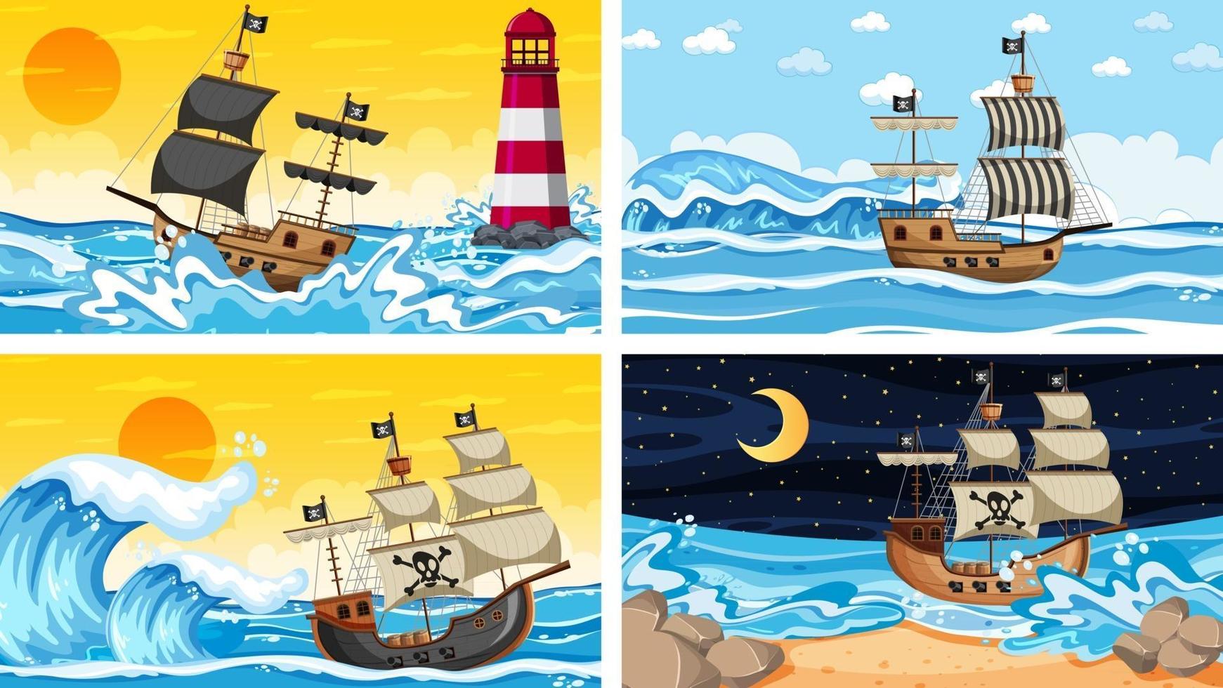 Set of ocean scenes at different times with Pirate ship in cartoon style vector