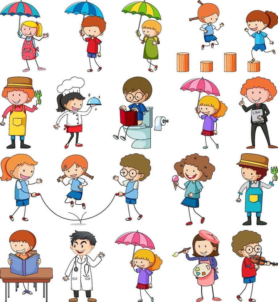 Set of different doodle kids cartoon character vector