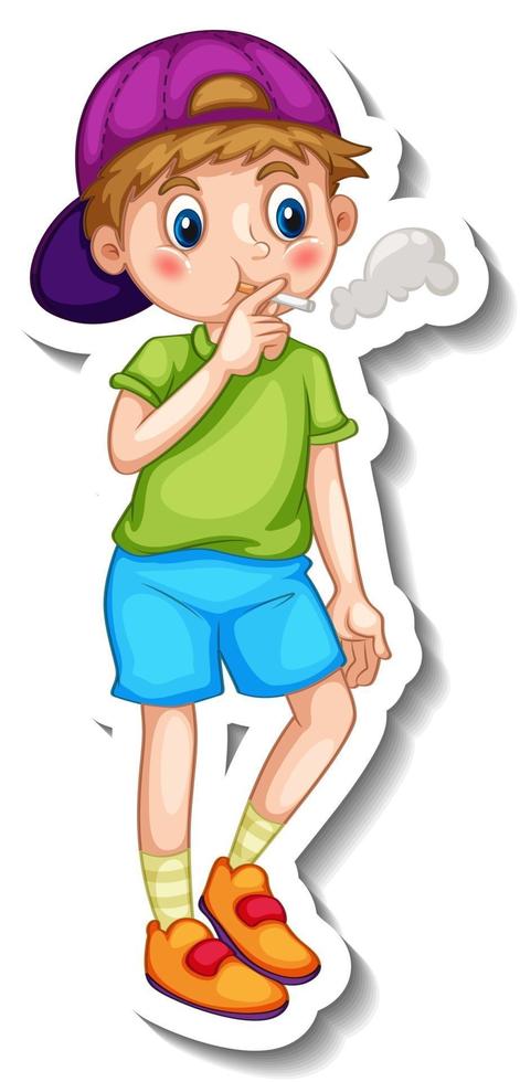 Sticker template with a boy smoking cartoon character isolated vector