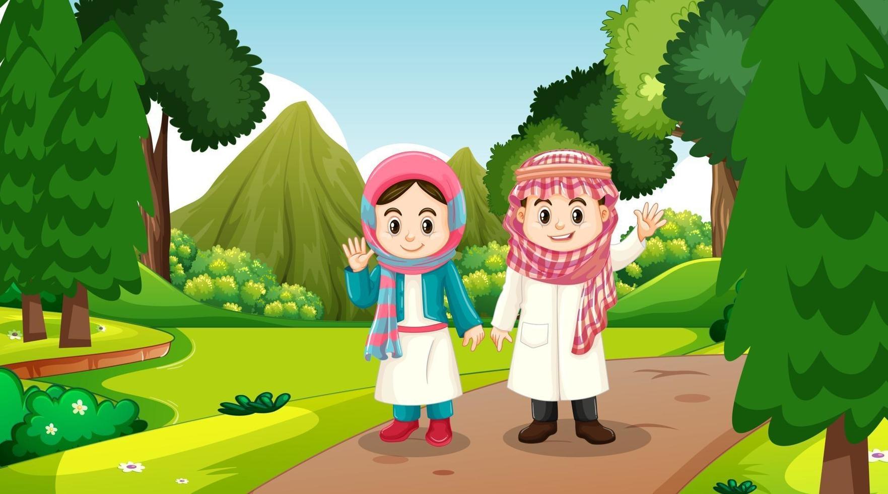 Muslim kids wears traditional clothes in the forest scene vector