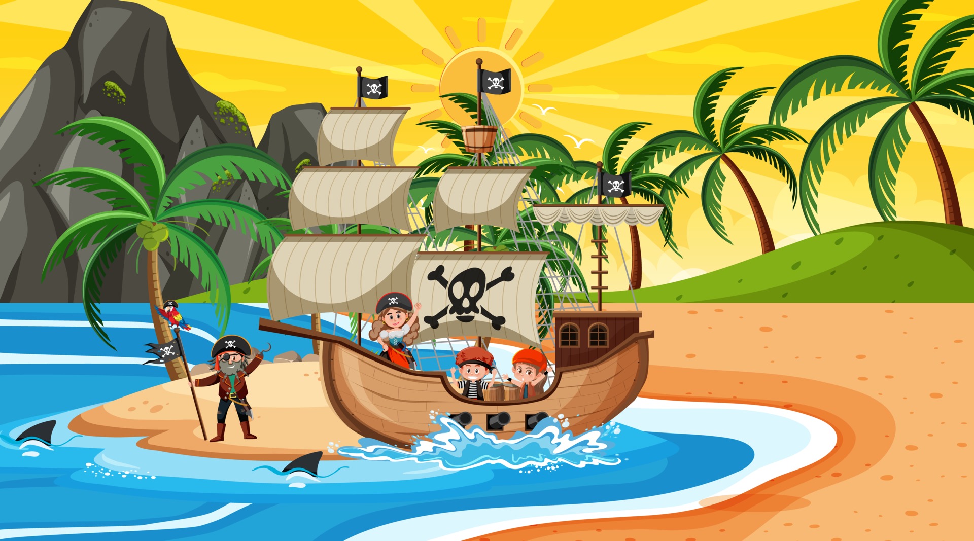 Beach at sunset time scene with pirate kids cartoon character on the ship  2811896 Vector Art at Vecteezy
