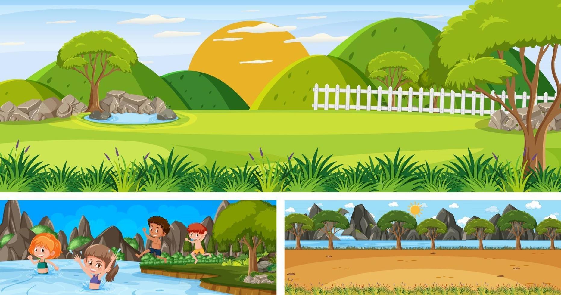 Set of different outdoor landscape scenes with cartoon character vector