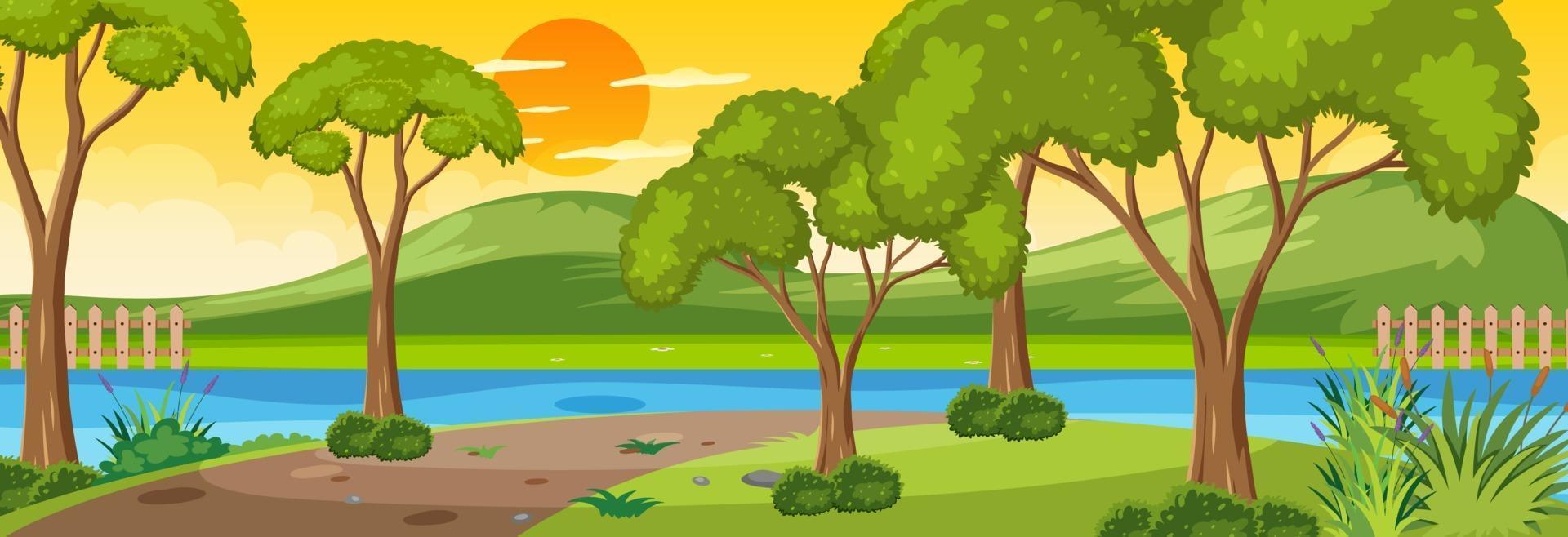 Forest along the river horizontal scene at sunset time with many trees vector