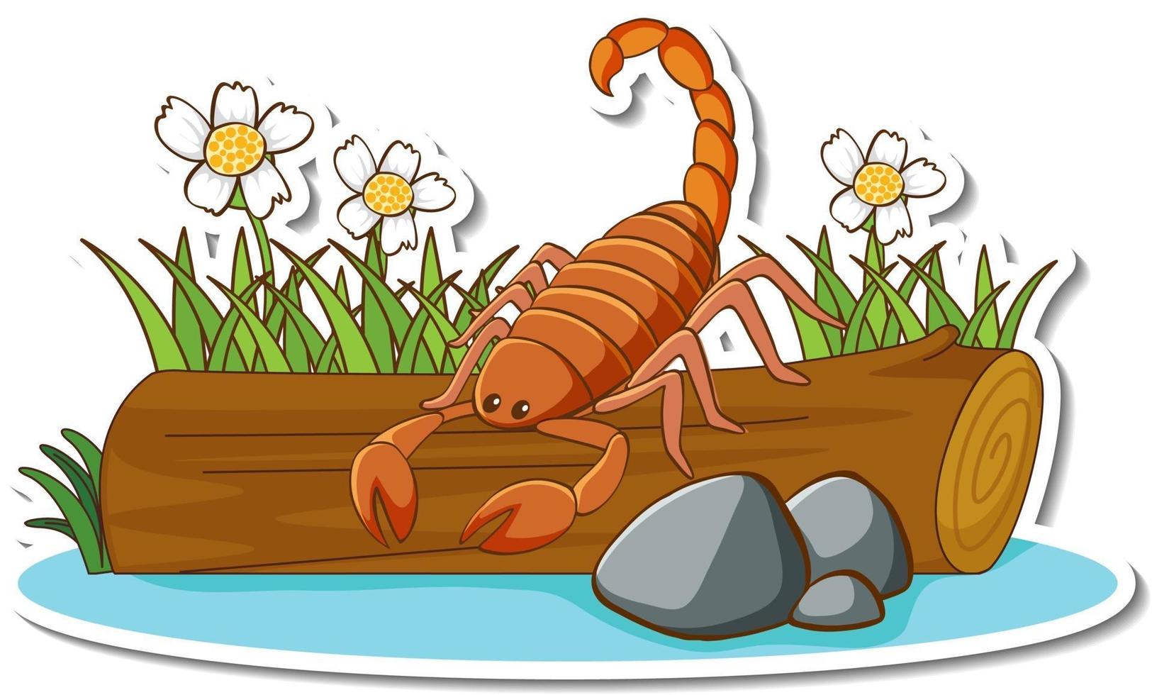 Cute scorpion standing on a log sticker vector