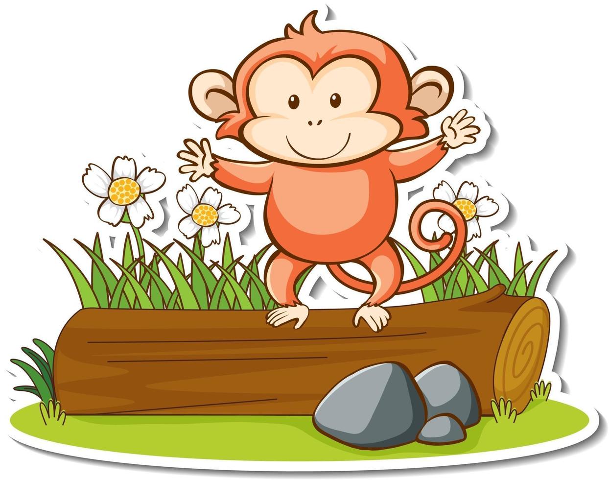 Cute monkey standing on a log sticker vector