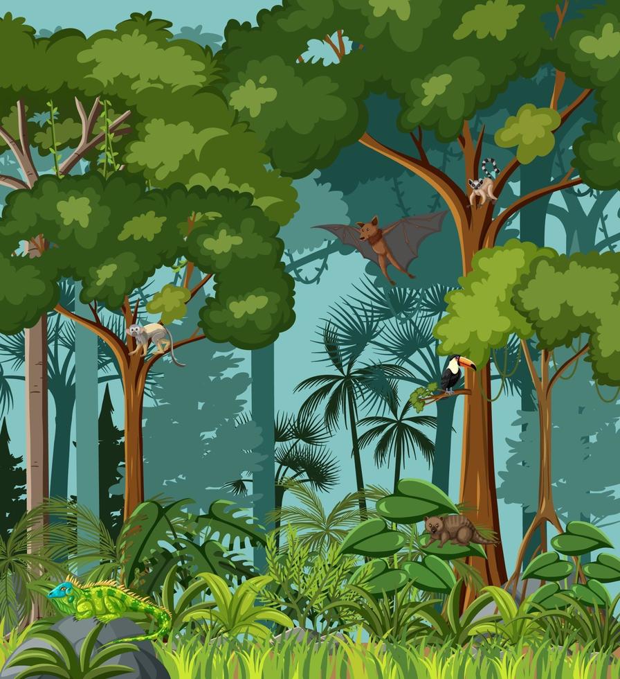 Escena de la selva tropical con varios animales salvajes. vector