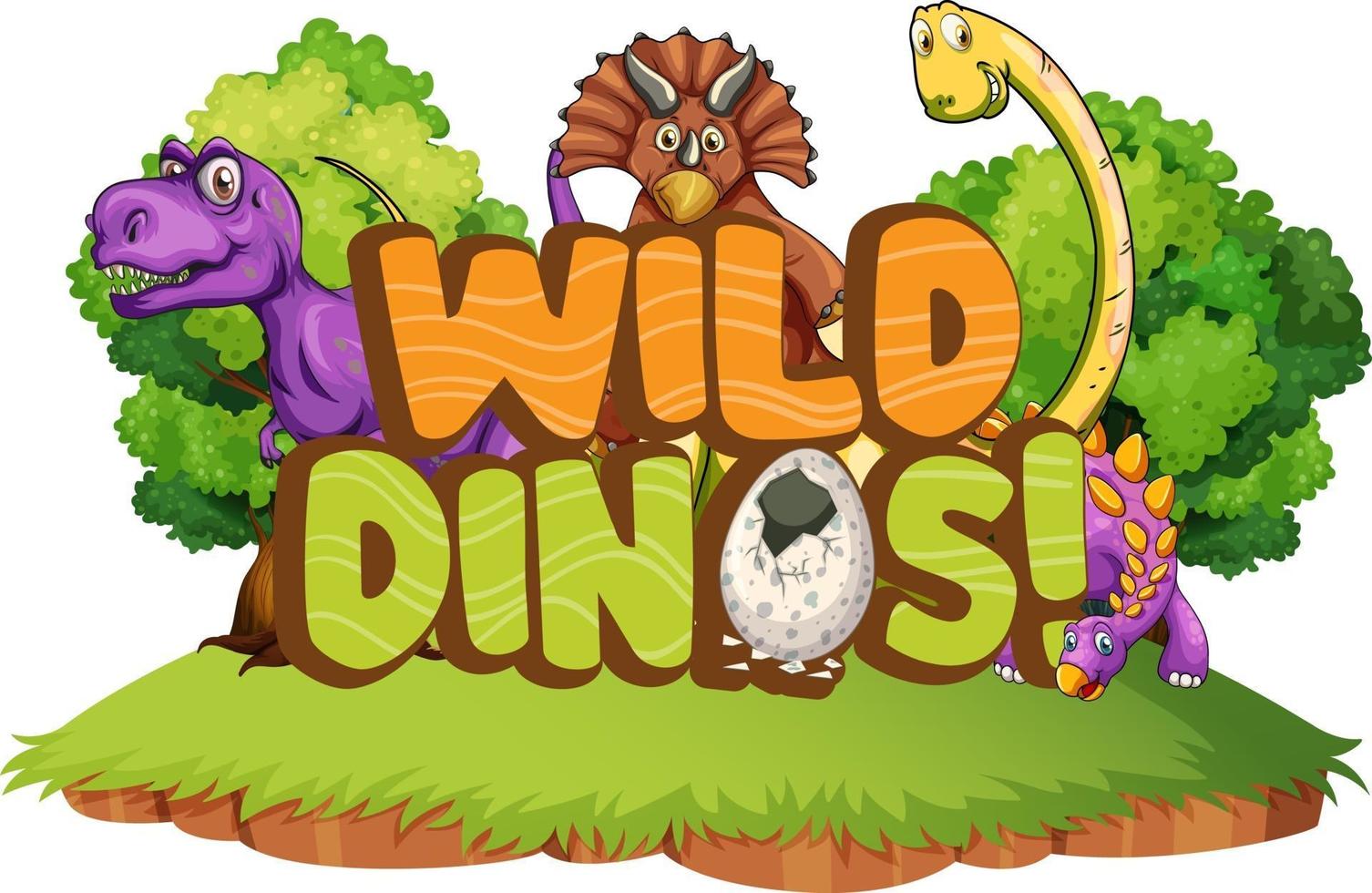 Lindo personaje de dibujos animados de dinosaurios con diseño de fuente para word wild dinos vector