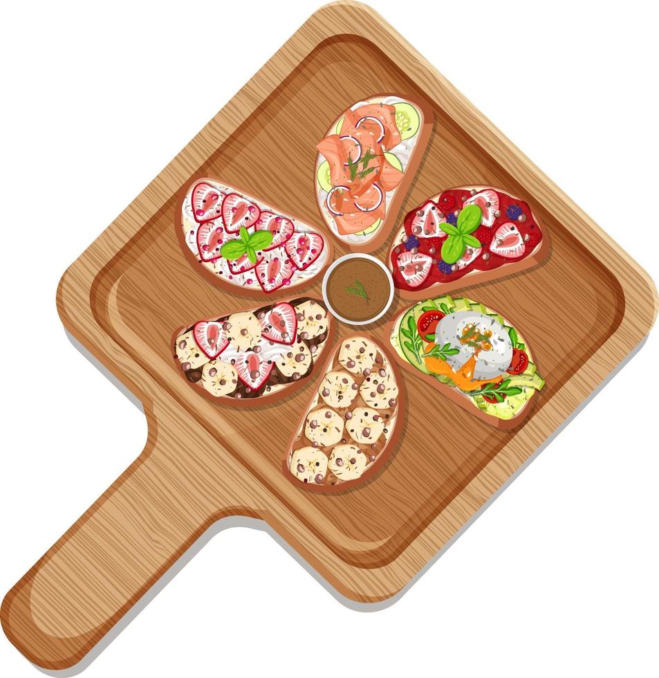 Top view of different bruschetta on a round plate isolated vector