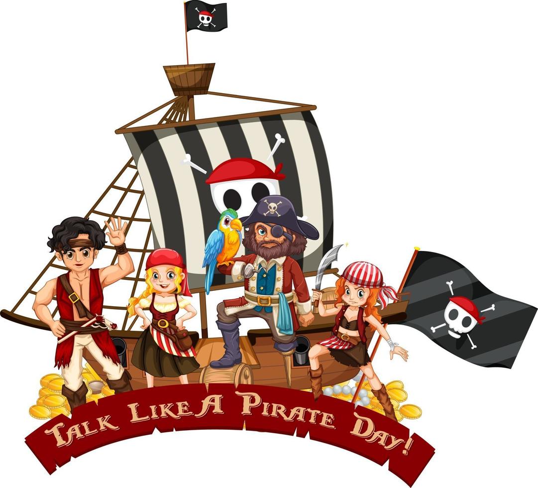 Many pirates cartoon character on the ship with talk like a pirate day font vector