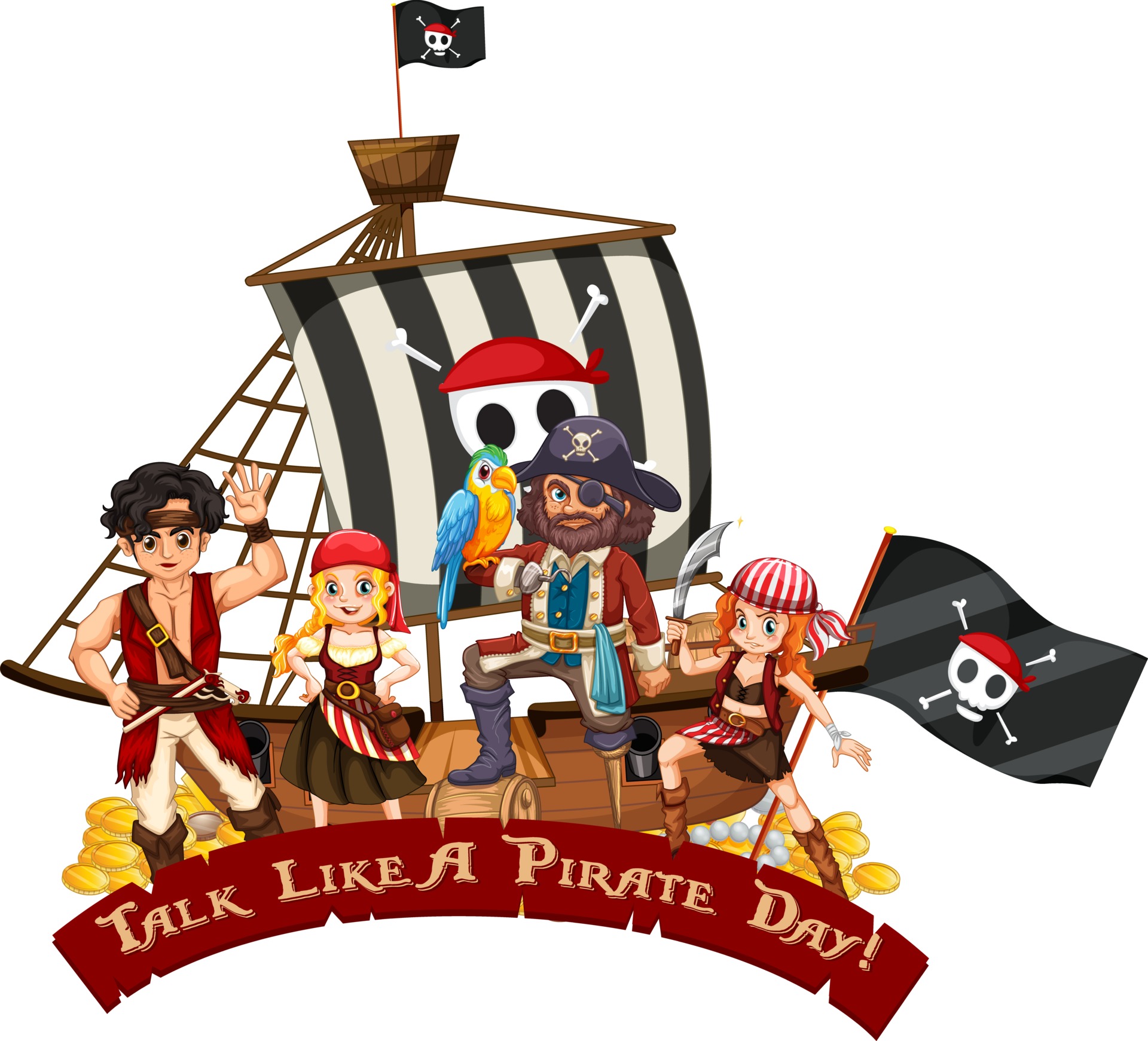 Many Pirates Cartoon Character On The Ship With Talk Like A Pirate Day Font 2811923 Vector Art At Vecteezy