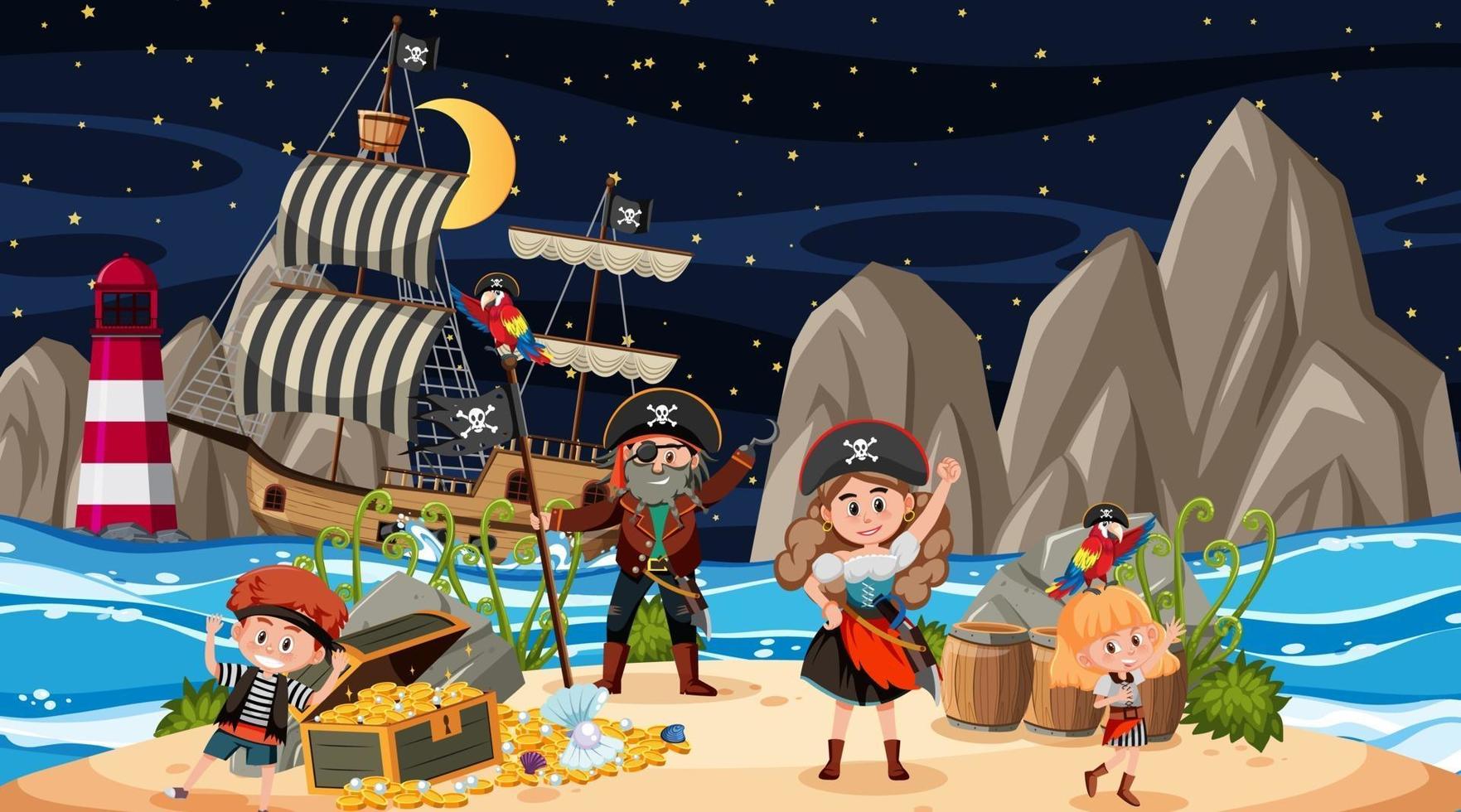 escena de la isla del tesoro en la noche con niños piratas vector