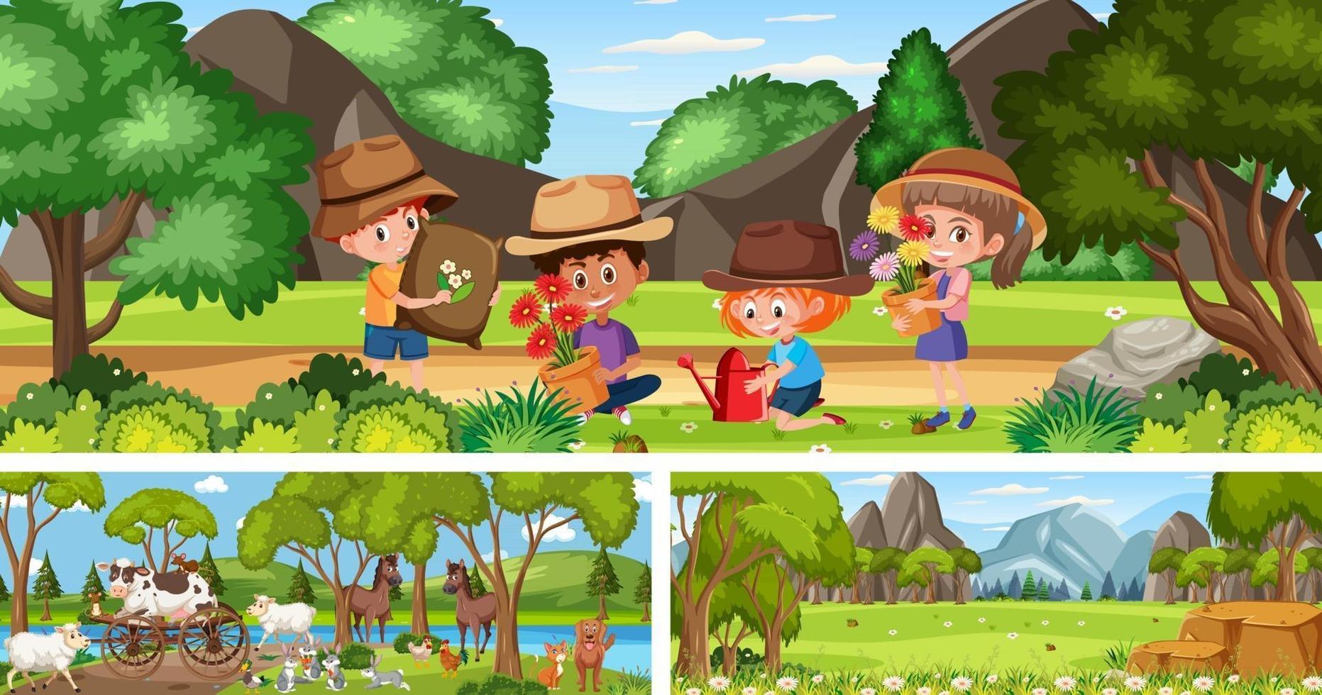 Set of different outdoor panoramic landscape scenes with cartoon character vector