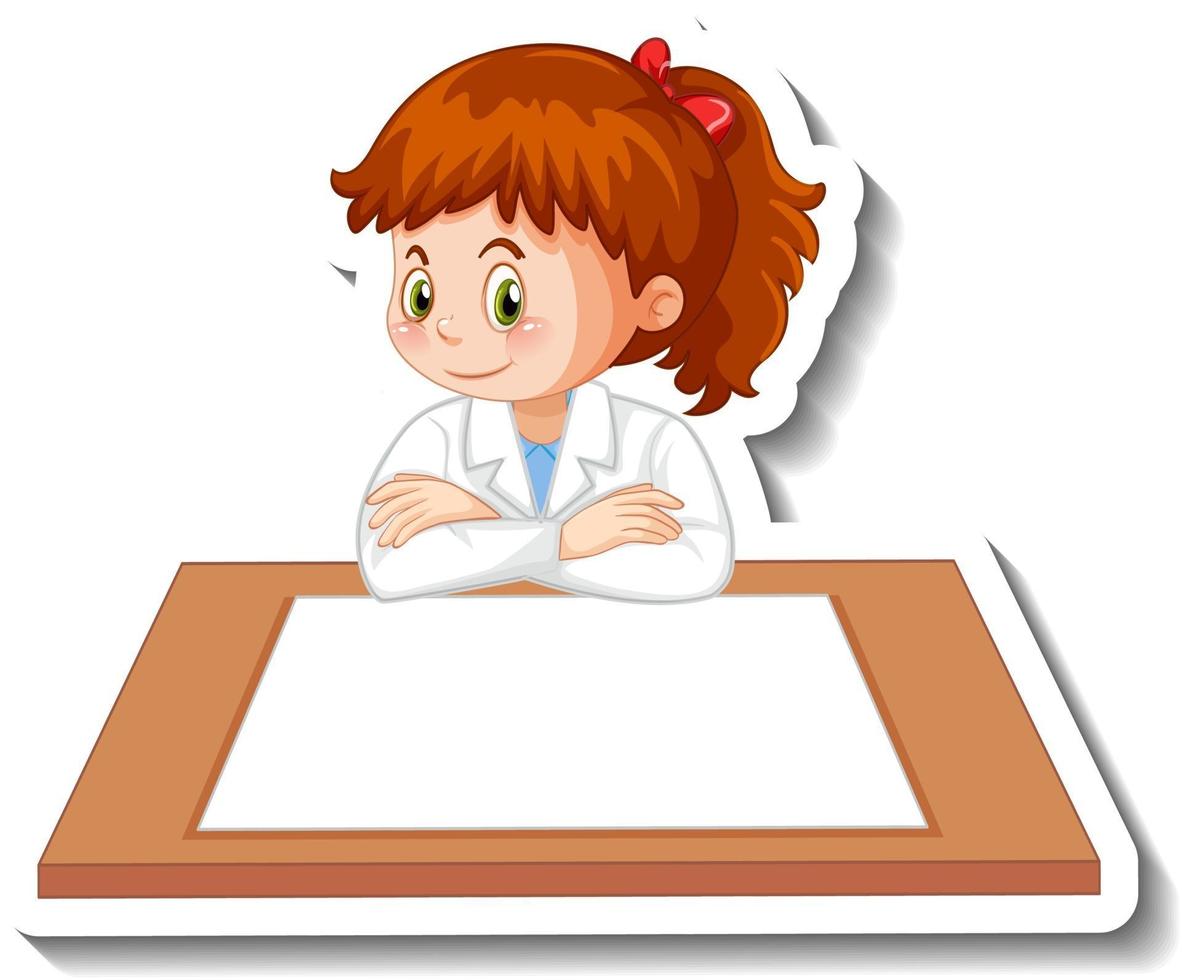 Scientist girl cartoon character with blank table vector