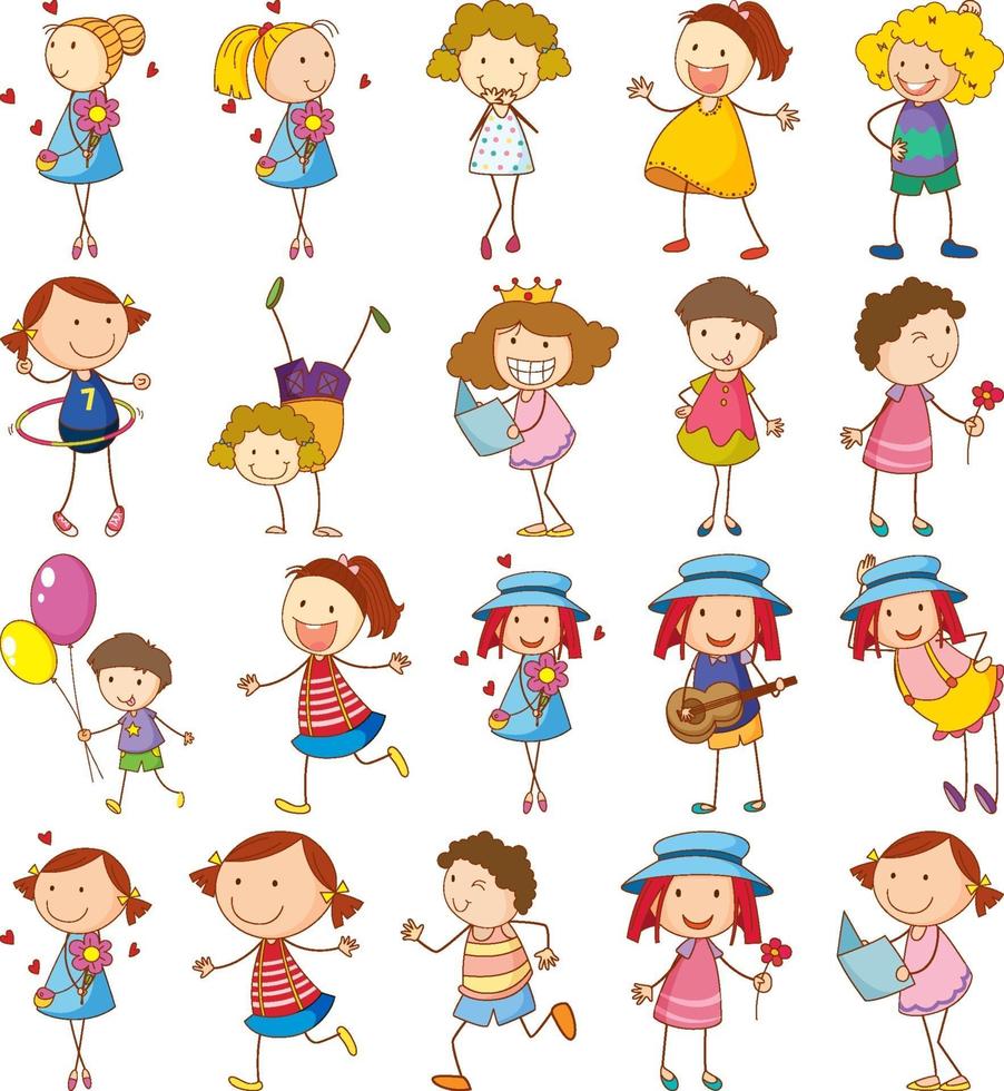 conjunto de diferentes niños en estilo doodle vector