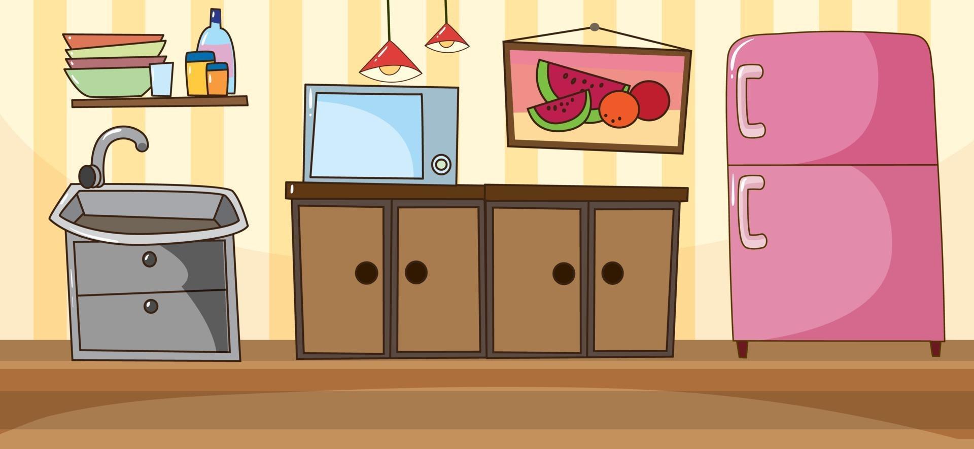 escena de la sala de cocina vacía con elementos de cocina vector