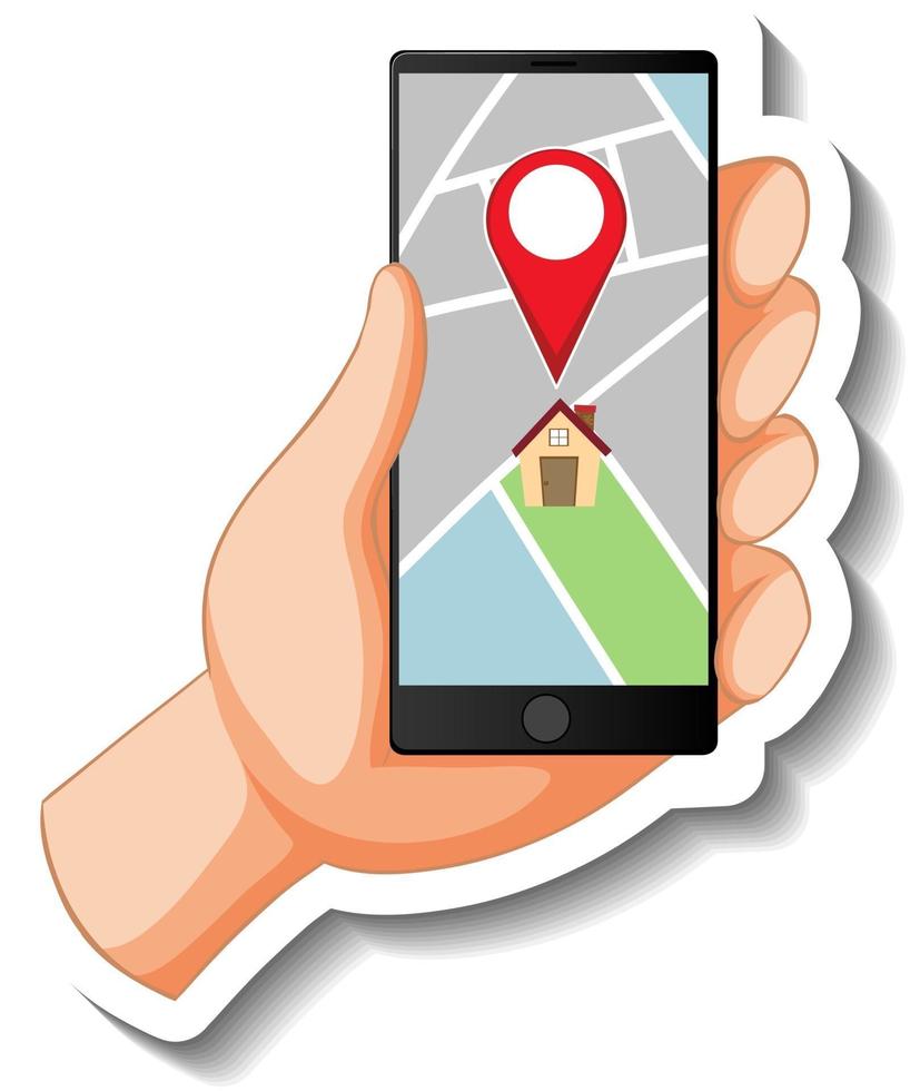 A sticker template with a smartphone showing pin located on map vector